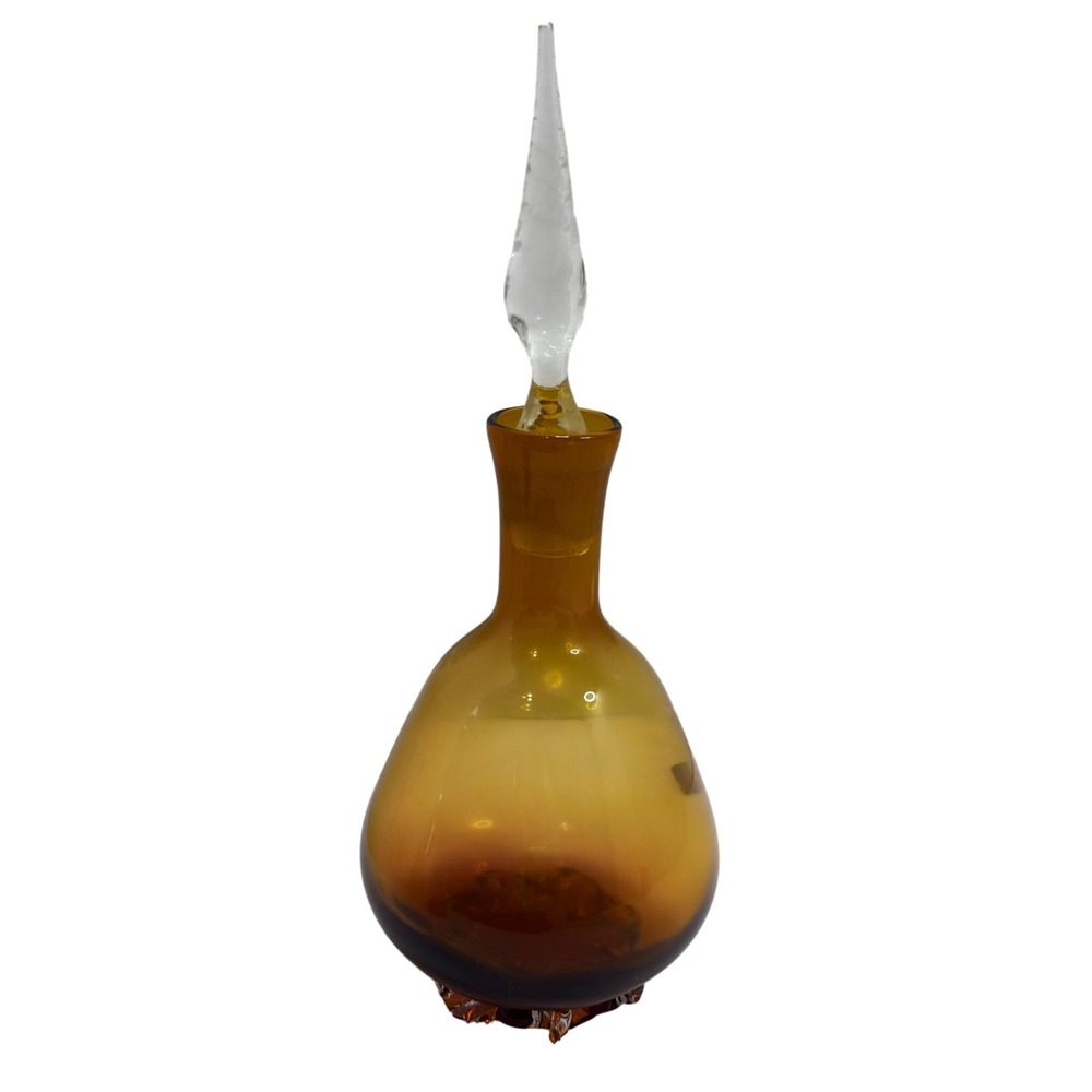 Vintage Amber Italian Art Glass Decanter‎ with Clear Twisted Flame Stopper MCM
